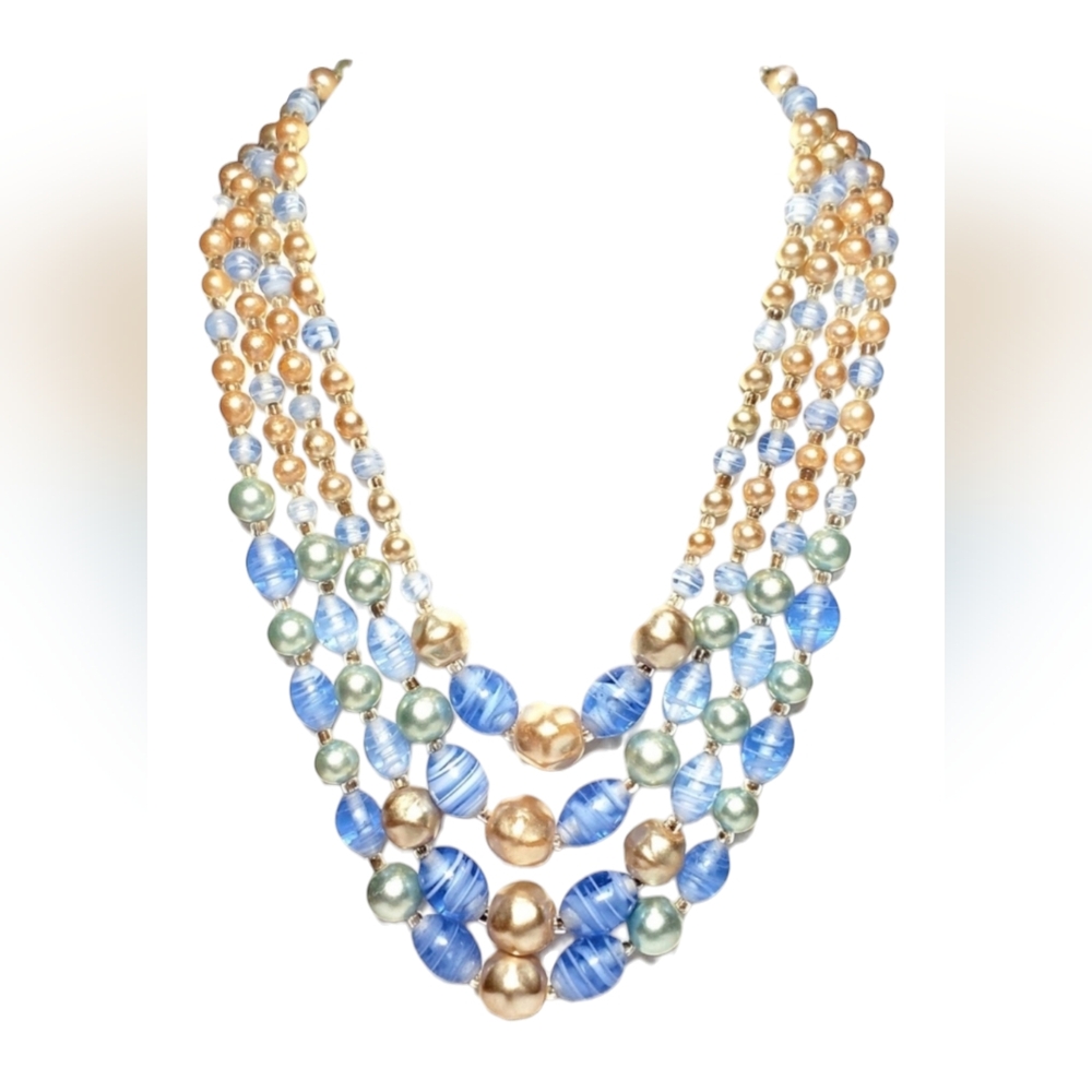 Vintage Blue Murano Glass and Pearl 4 Strand Necklace